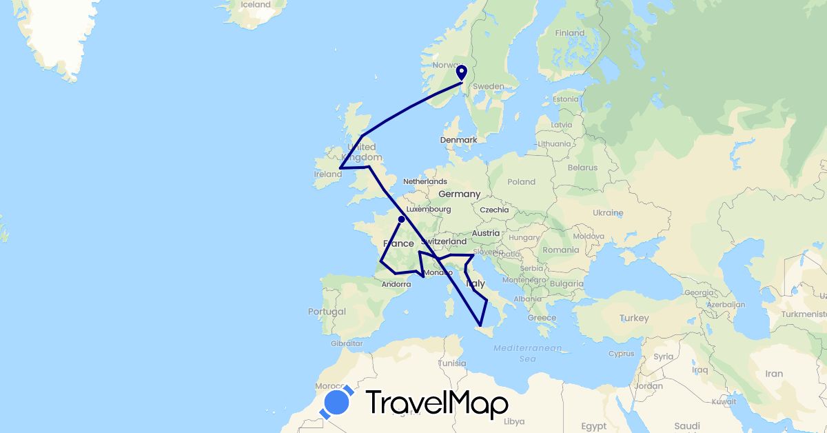 TravelMap itinerary: driving in France, United Kingdom, Ireland, Italy, Norway (Europe)